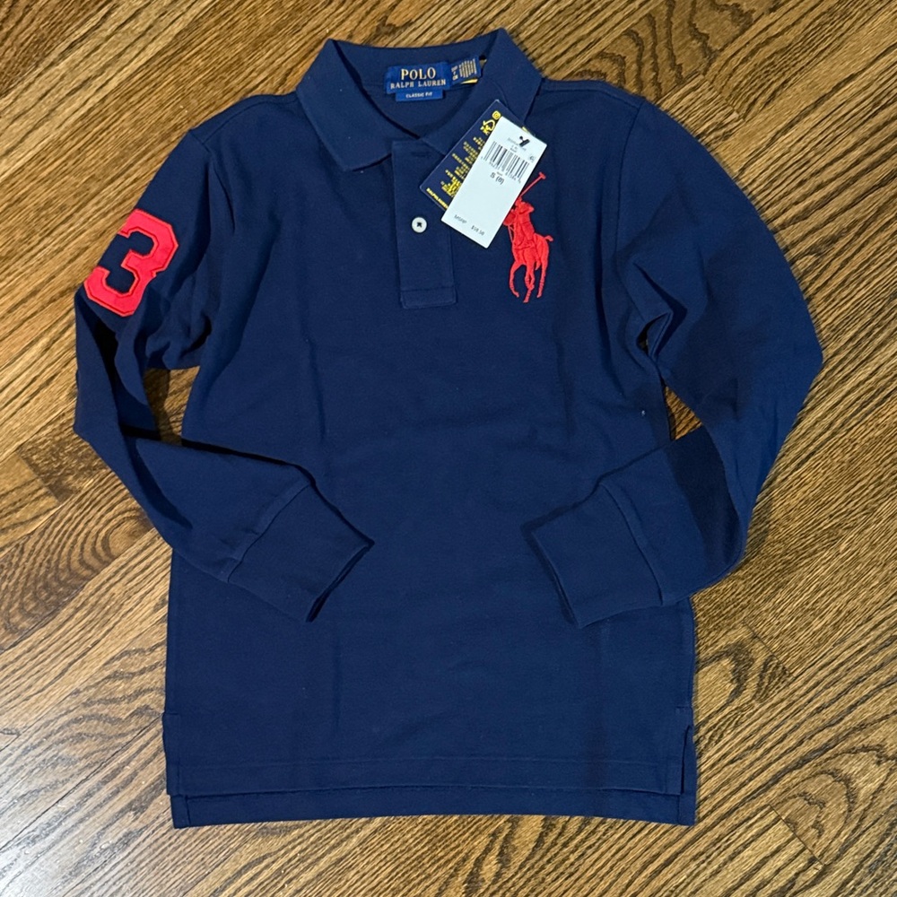 Boys Polo Ralph Lauren Navy Long-Sleeve Polo with Red Logo and Sleeve Patch
